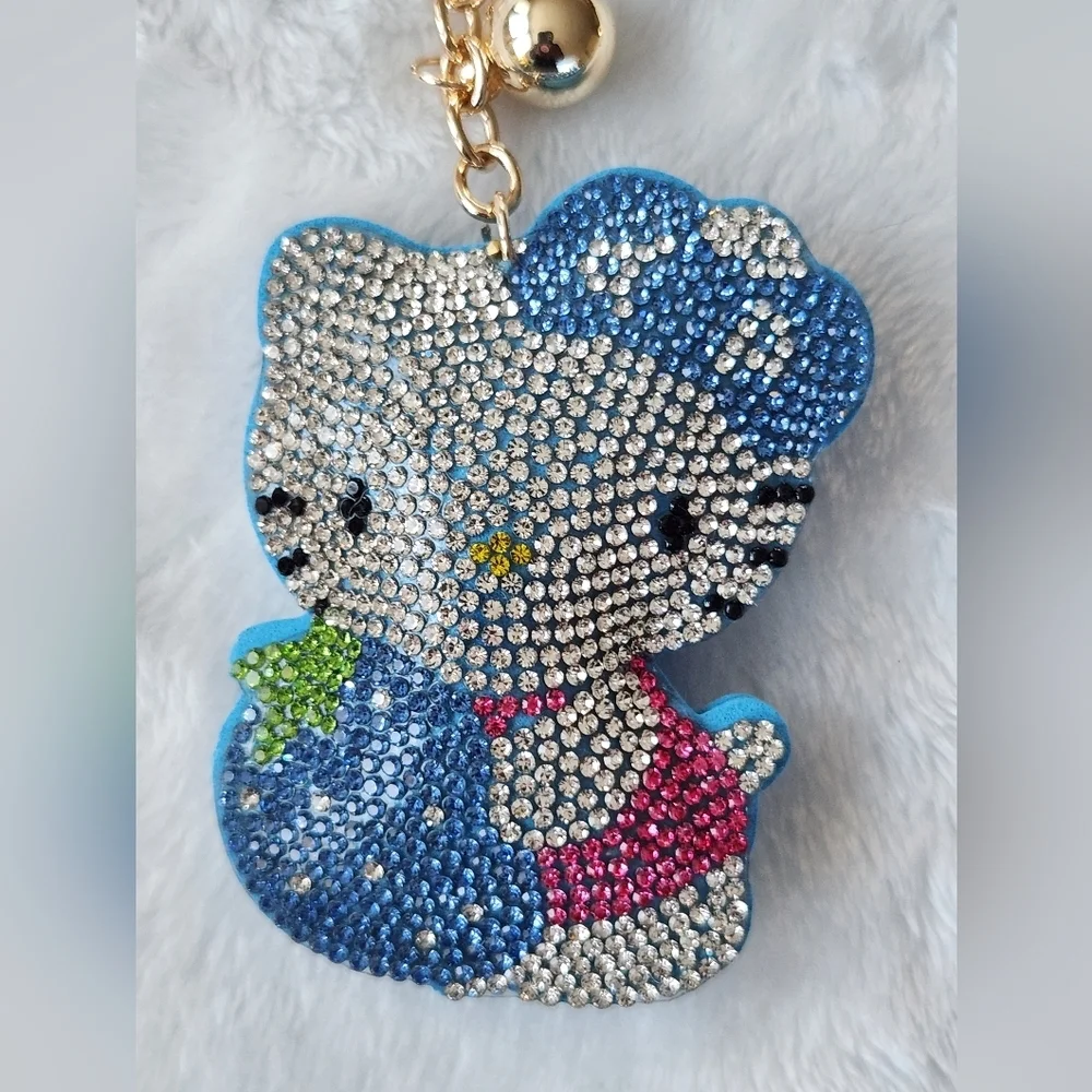 Hello Kitty Cute Rhinestone Cat With Blue Berry Keychain Bag Charm